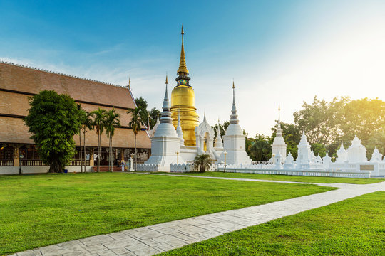 The golden pagoda at Wat Suan Dok, Chiangmai, Thailand, with bea