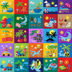 Fototapeta na wymiar Summer Flat Icons Set: Vector Illustration, Graphic Design. Collection Of Colorful Icons. For Web, Websites, Print, Presentation Templates, Mobile Applications And Promotional Materials