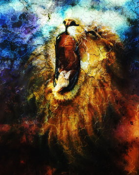 painting of a roaring lion on a abstract desert pattern, pc coll
