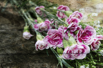 Exposure of pink flowers,wood texture background.