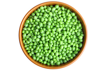 Green peas in wooden bowl an isolated background