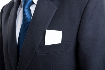 Blank business card in business man suit jacket pocket