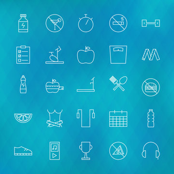 Fitness and Dieting Line Icons Set over Polygonal Blurred Backgr