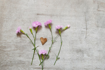 Three carnation flower on a gray background and wooden heart