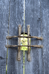 Old wooden door with metal grid peephole
