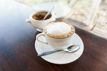hot latte cup on table, coffee mug