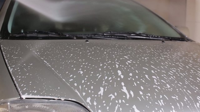 Man washes the silver car brush with shampoo