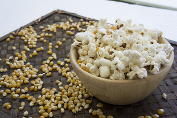 corn popcorn raw cooked bowl mix seed tray concept