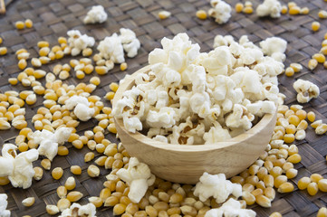 corn popcorn raw cooked bowl mix seed tray concept