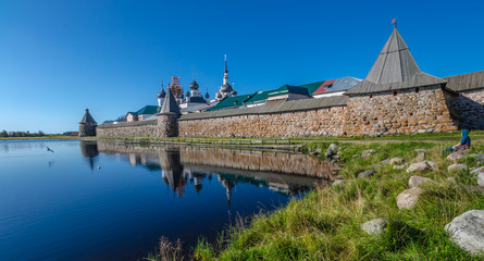 Fototapeta premium View of the Solovetsky Kremlin from the Holy Lake.