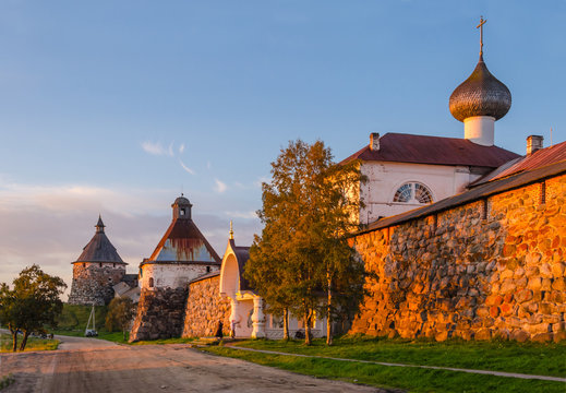 View of the Solovetsky Kremlin at sunset