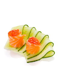 Rolled salmon with cucumber isolated on white background