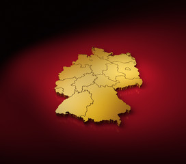 Deutschlandkarte in 3D mit schwarz rot gold farbenem Hintergrund