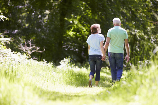 Rear View Of Senior Couple Walking In Summer Countryside