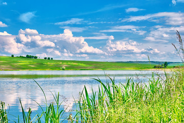 lake and green fields