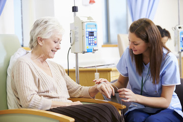 Senior Woman Undergoing Chemotherapy With Nurse - obrazy, fototapety, plakaty