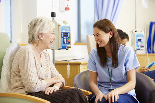 Senior Woman Undergoing Chemotherapy With Nurse