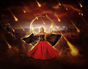 woman fire mage conjured fiery meteor rain
