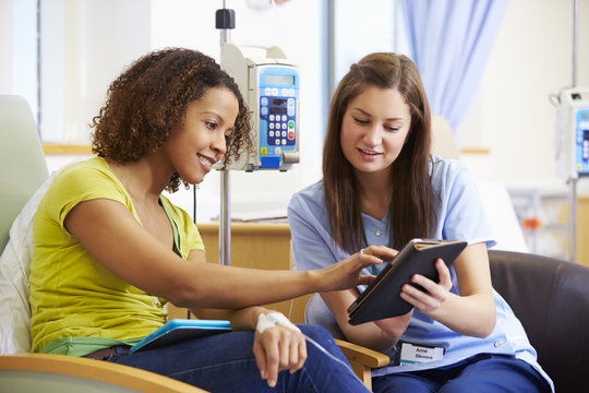 Woman Having Chemotherapy With Nurse Using Digital Tablet
