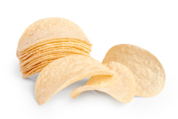 Potato chips isolated on white background.