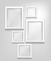 A set of rectangular and square glossy white frames on a light gray background. Vector illustration