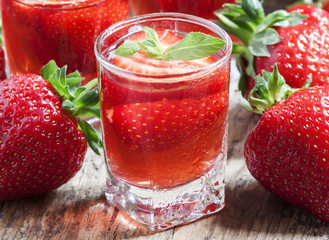 Fresh strawberry juice, selective focus