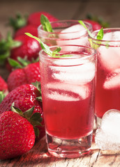 Fresh strawberry juice, selective focus