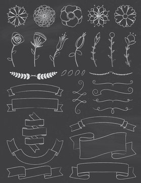Chalkboard Flowers and Ribbons Design Elements