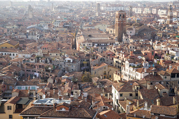 Aerial view of UNESCO World Heritage Site Venice cityscape with roofs of houses