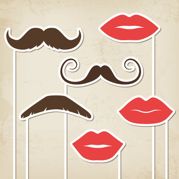 Vector mustaches and lips, retro party masks