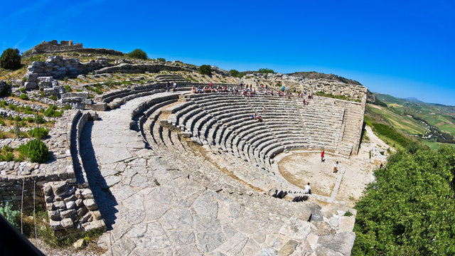 Landscape of Sicily with ancient greek theater at Segesta