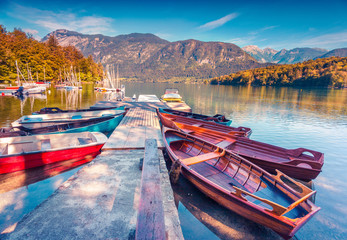 Naklejka premium Colorful summer morning on the Bohinj Lake with boats