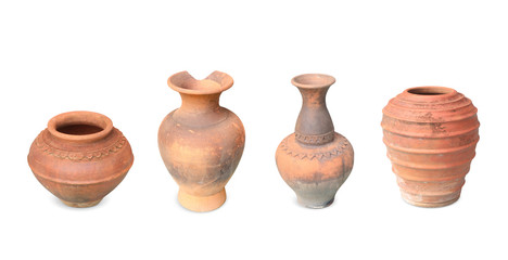 Collection of old pottery on white background