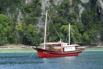 Fototapeta premium Sailing boat in front of the island Kho don Phi Phi, Thailand, Asia