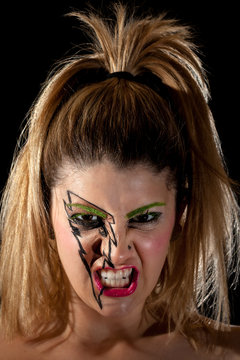 Girl with Lightning Makeup Making Scary Scowl