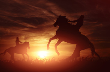 Naklejka premium Sun Setting on a Peaceful Farm with horse