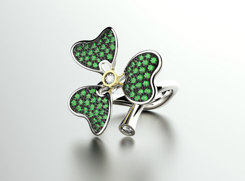 Clover Ring with Diamond and Emerald. Jewelry background with fo