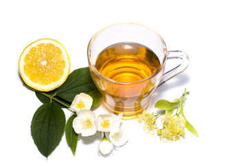 cup of tea from a linden and nearby a lemon