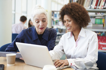 Teacher Helping Mature Student With Studies In Library