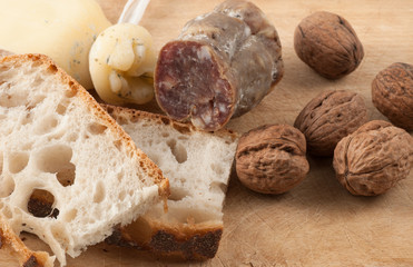 snack with salami, cheese and bread