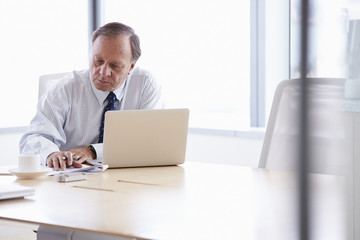 Senior Businessman Working On Laptop At Boardroom Table