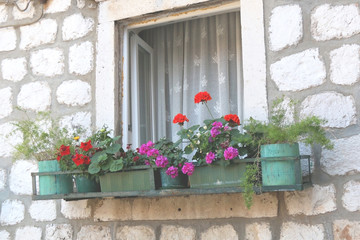 Fototapeta na wymiar Rustic window with flowers, on mediterranean house. In Dubrovnik.