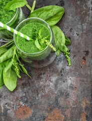 Healthy smoothy of fresh green spinach leaves. Detox concept