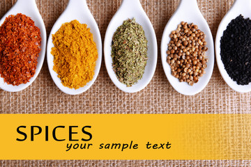 Different kinds of spices in ceramics spoons, on sackcloth background