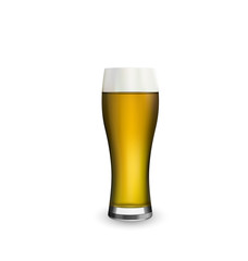 Close up realistic glass of beer isolated on white background