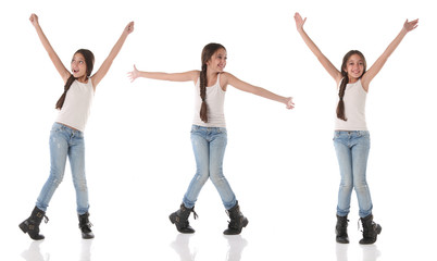 A happy young girl doing different poses. Isolated on white background