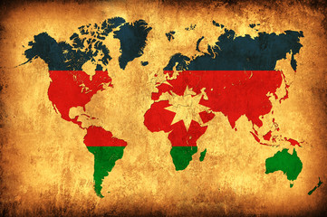 The flag of Azerbaijan in the outline of the world map