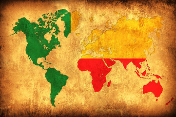 The flag of Benin in the outline of the world map