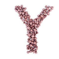 Alphabet from chocolate chips on white background