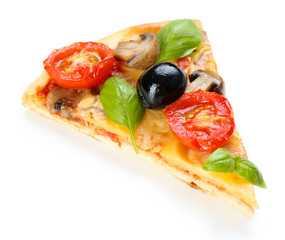 Slice of tasty pizza with vegetables and basil isolated on white